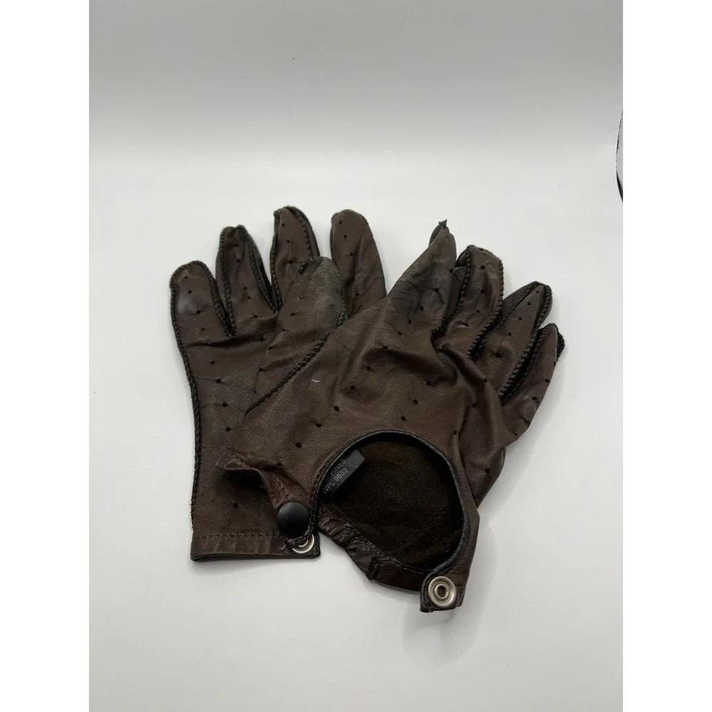 Vintage Brown Leather Driving Gloves Perforated Snap Closure Size L